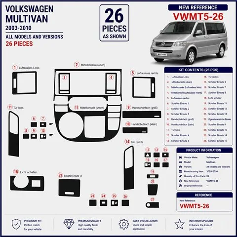 Volkswagen Multivan 2003-2010 3D Armaturenbrett-Dekor-Set, 26 Teile 2