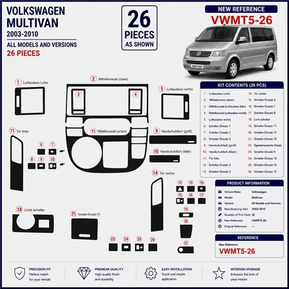 Volkswagen Multivan 2003-2010 3D Armaturenbrett-Dekor-Set, 26 Teile
