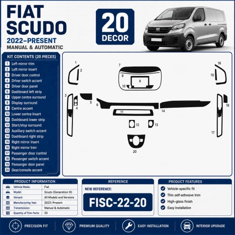 Fiat Scudo (Generation III) 2022–Present 3D Interieur Armaturenbrett Dekor Set 20-teilig
