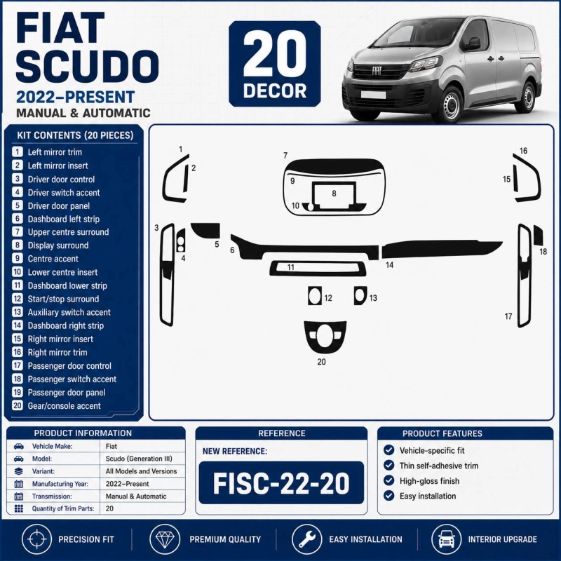 Fiat Scudo (Generation III) 2022–Present 3D Interieur Armaturenbrett Dekor Set 20-teilig