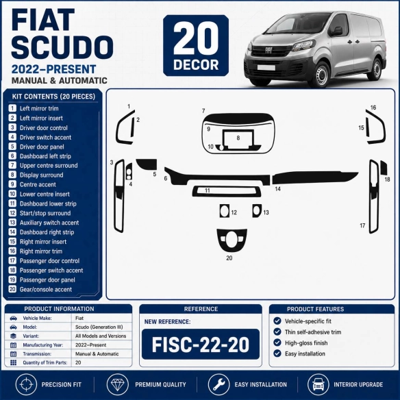 Fiat Scudo (Generation III) 2022–Present 3D Interieur Armaturenbrett Dekor Set 20-teilig