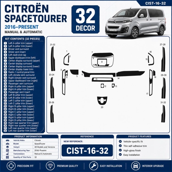 Citroën SpaceTourer 2016–Present 3D Interieur Armaturenbrett Dekor Set 32-teilig