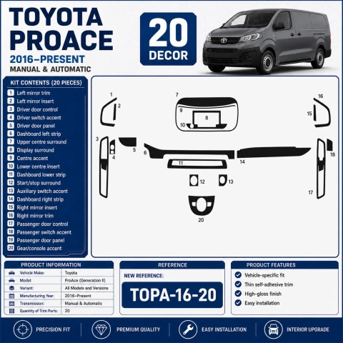 Toyota ProAce (Generation II) 2016–Present 3D Interieur Armaturenbrett Dekor Set 20-teilig