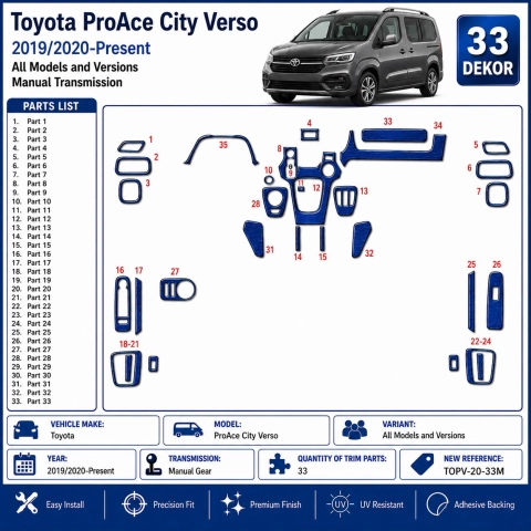Toyota ProAce City Verso 2019/2020-Present 3D Armaturenbrett Dekor Set 33-teilig Schaltgetriebe 2