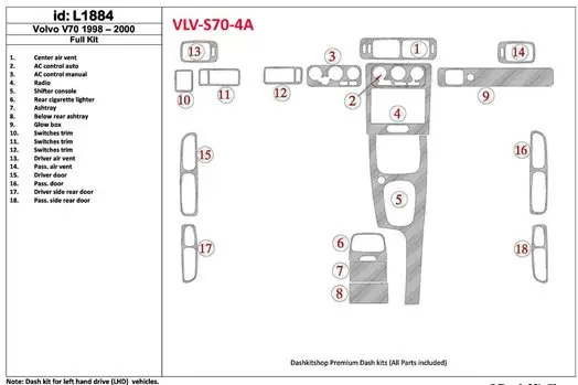 Volvo S70 1998-2000 Voll Satz, 18 Parts set BD innenausstattung armaturendekor cockpit dekor - 1- Cockpit Dekor Innenraum