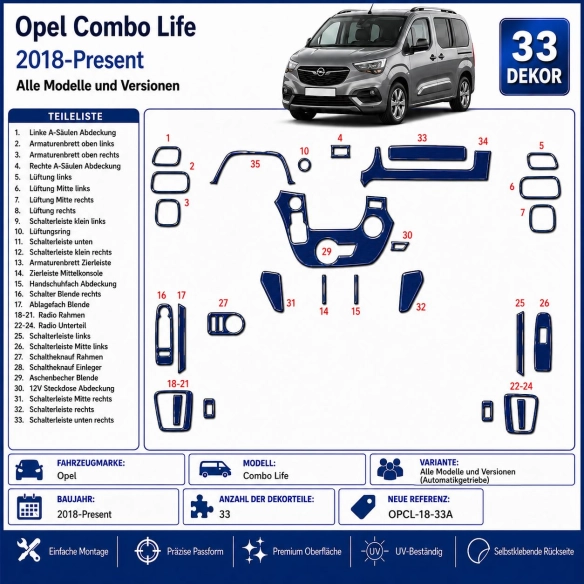 Opel Combo Life 2018-Present 3D Armaturenbrett Dekor Set 33-teilig Automatikgetriebe