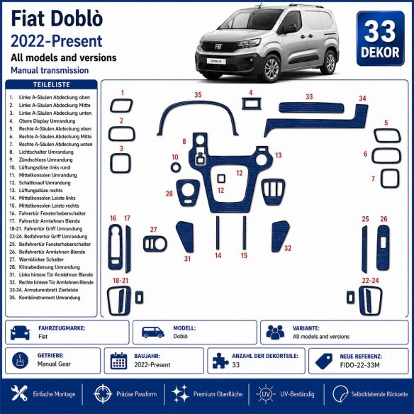 Fiat Doblò 2022-Present 3D Armaturenbrett Dekor Set 33-teilig Schaltgetriebe
