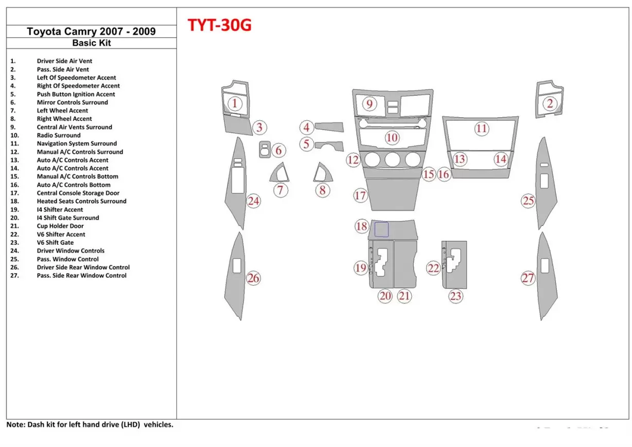 Toyota Camry 2007-2010 Grundset BD innenausstattung armaturendekor cockpit dekor - 1- Cockpit Dekor Innenraum