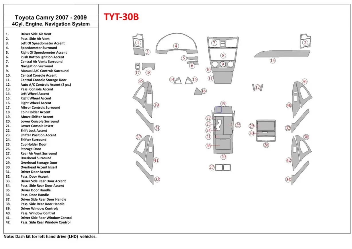 Toyota Camry 2007-2010 Voll Satz, 4 Cyl With NAVI BD innenausstattung armaturendekor cockpit dekor - 1- Cockpit Dekor Innenraum