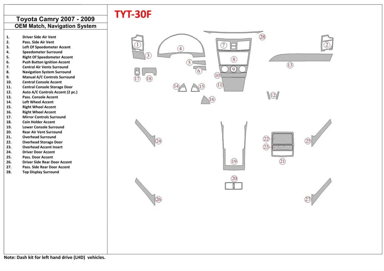Toyota Camry 2007-2010 Voll Satz, With OEM Wood Kit, With NAVI BD innenausstattung armaturendekor cockpit dekor - 1- Cockpit Dek