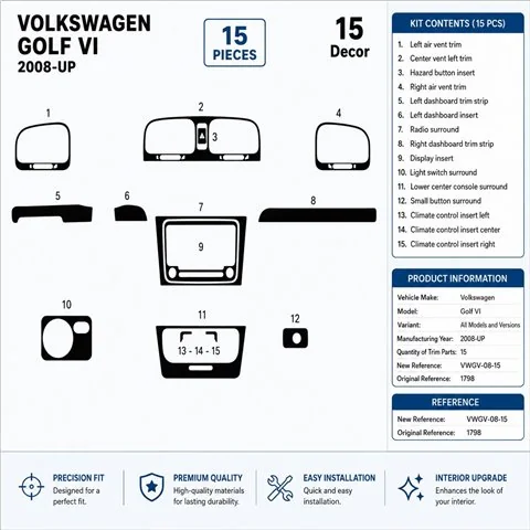 Volkswagen Golf VI 2008+ 3D Armaturenbrett-Dekor-Set, 15 Teile 2