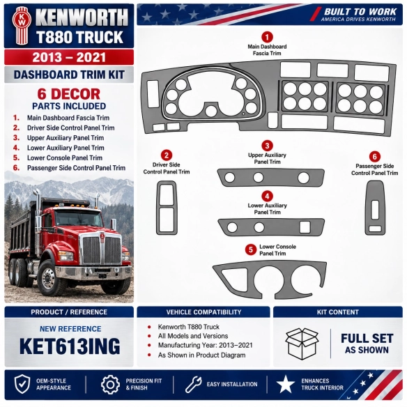 Kenworth T880 Truck- Year 2013-2021 3D Cockpit Dekor Interieurleisten Set As shown in product diagram-teilig
