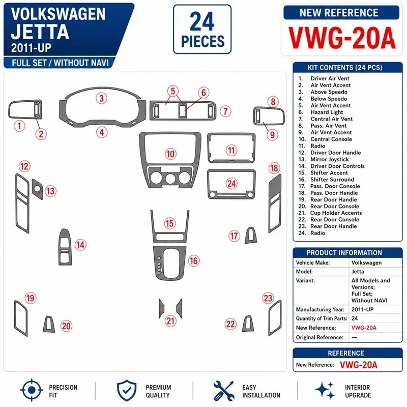 Volkswagen Jetta 2011+ Komplettset, ohne Navigation 3D Armaturenbrett-Dekor-Set