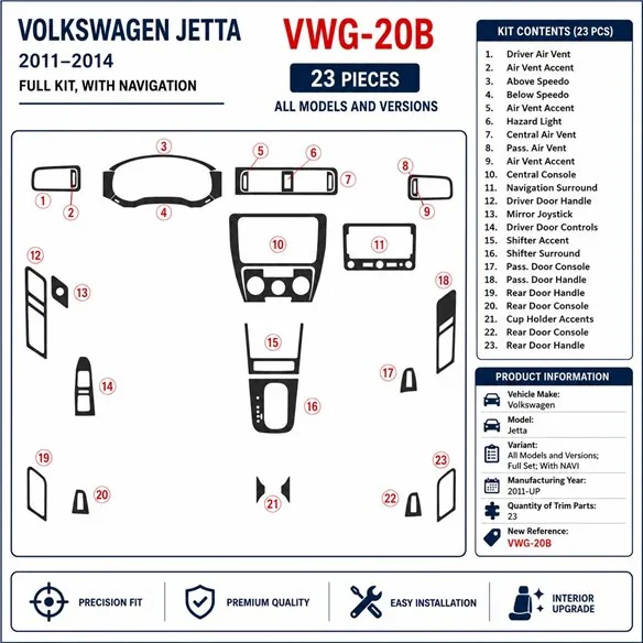 Volkswagen Jetta 2011+ Komplettset, mit Navigation 3D Armaturenbrett-Dekor-Set