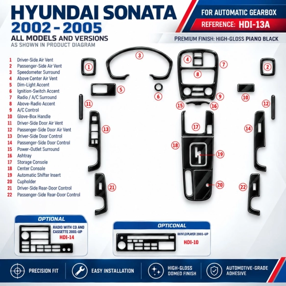Hyundai Sonata 2002-2005 3D Cockpit Dekor Interieurleisten Set As shown in product diagram-teilig