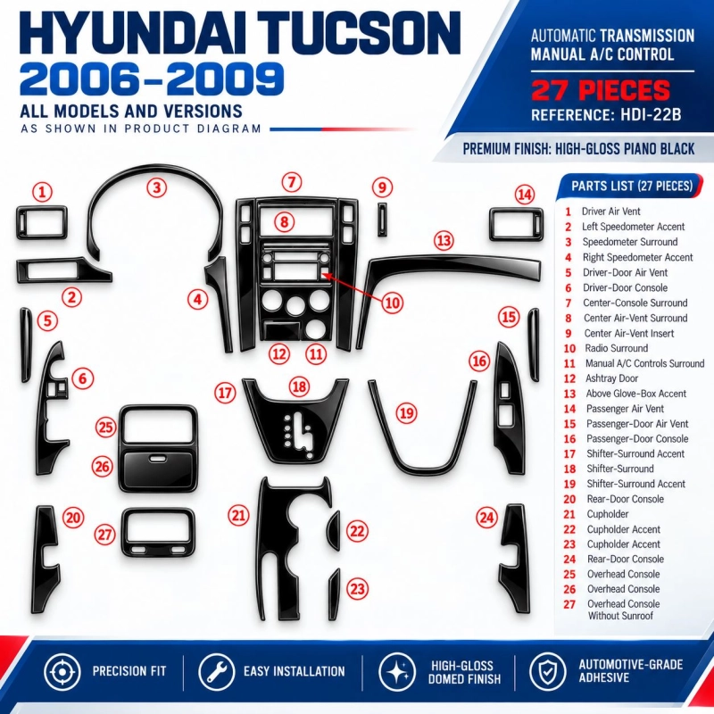 Hyundai Tucson 2006-2009 3D Cockpit Dekor Interieurleisten Set As shown in product diagram-teilig