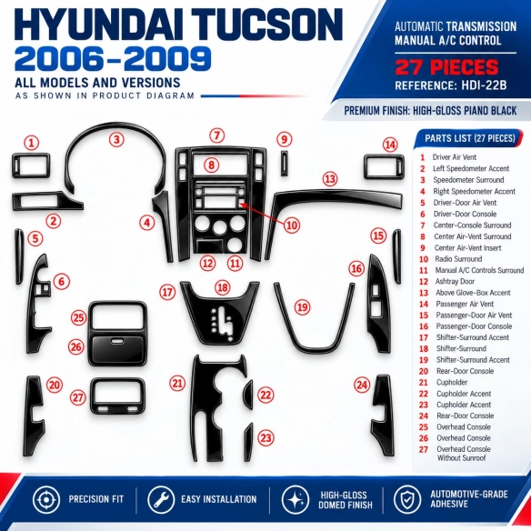 Hyundai Tucson 2006-2009 3D Cockpit Dekor Interieurleisten Set As shown in product diagram-teilig