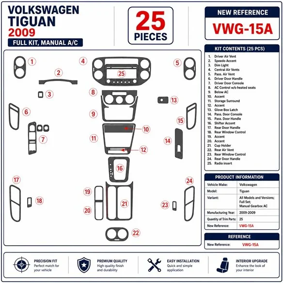 Volkswagen Tiguan 2009-2009 Komplettset, Schaltgetriebe AC 3D Armaturenbrett-Dekor-Set