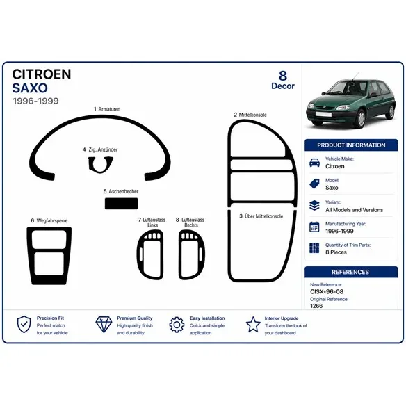 Citroen Saxo 1996-1999 3D Armaturenbrett-Dekor-Set, 8 Teile
