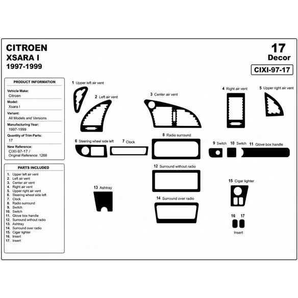 Citroen Xsara I 1997-1999 3D Armaturenbrett-Dekor-Set, 17 Teile