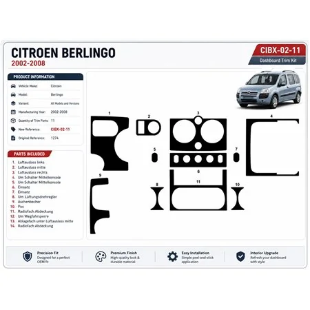 Citroen Berlingo 2002-2008 3D Armaturenbrett-Dekor-Set, 11 Teile