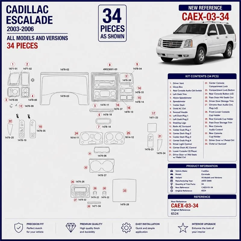 Cadillac Escalade 2003-2006 3D Armaturenbrett-Dekor-Set, 34 Teile