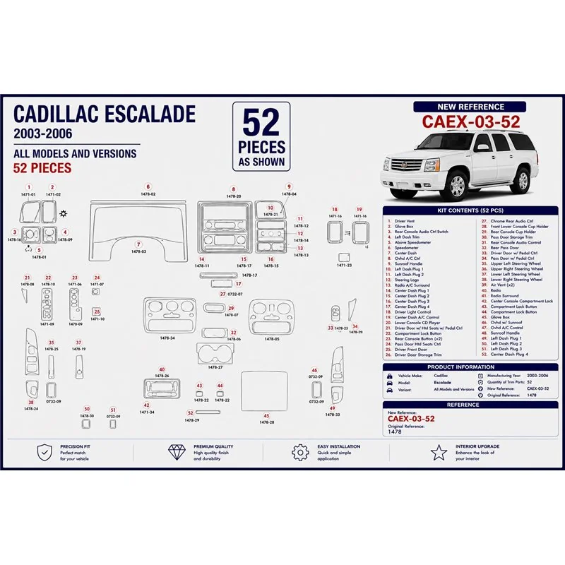 Cadillac Escalade 2003-2006 3D Armaturenbrett-Dekor-Set, 52 Teile