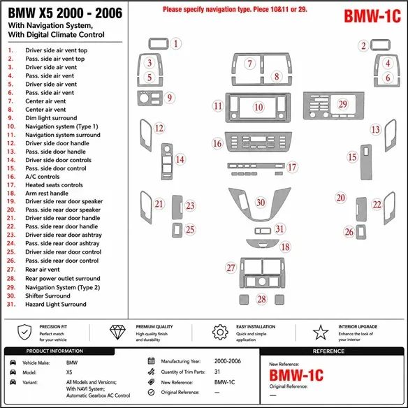 BMW X5 2000-2006 mit Navigation system 3D Armaturenbrett-Dekor-Set