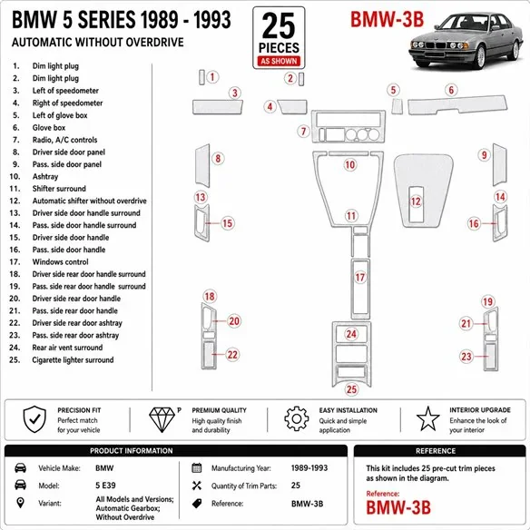 BMW 5 E34 1989-1993 Automatikgetriebe, Without Overdrive 3D Armaturenbrett-Dekor-Set, 25 Teile