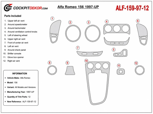 Alfa Romeo 156 1997+ 3D Armaturenbrett-Dekor-Set, 12 Teile