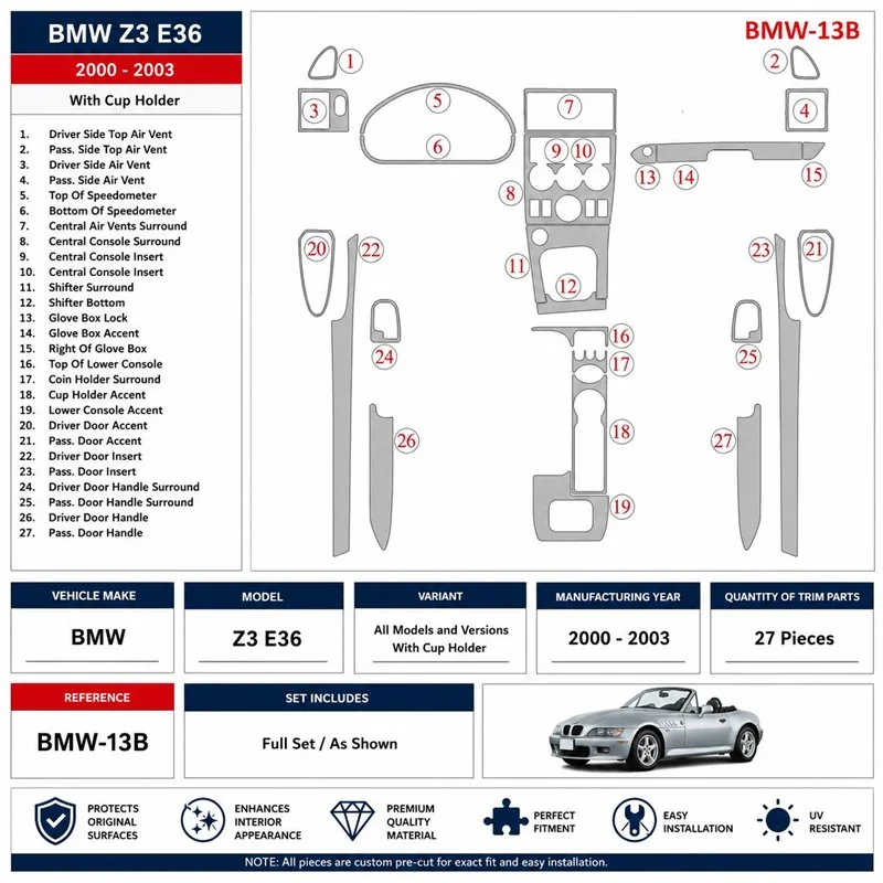 BMW Z3 2000-2003 mit Getränkehalter 3D Armaturenbrett-Dekor-Set