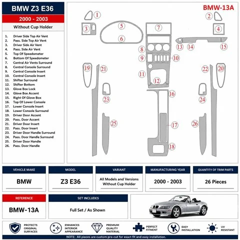 BMW Z3 2000-2003 Without glass-holder 3D Armaturenbrett-Dekor-Set 2