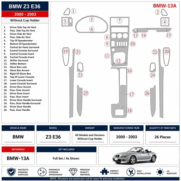BMW Z3 2000-2003 Without glass-holder 3D Armaturenbrett-Dekor-Set