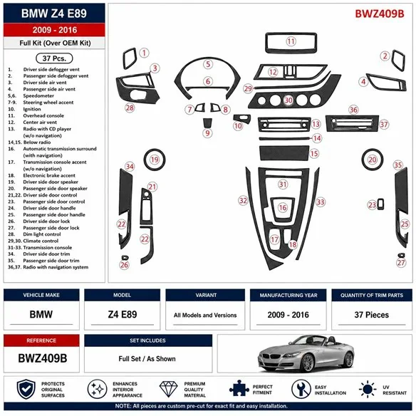 BMW Z4 E89 2009-2016 3D Armaturenbrett-Dekor-Set, 37 Teile