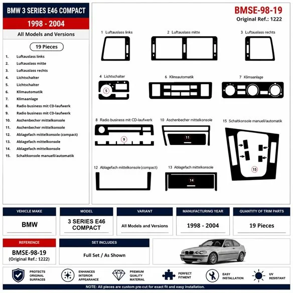 BMW 3 Series E46 Compact 1998-2004 3D Armaturenbrett-Dekor-Set, 19 Teile