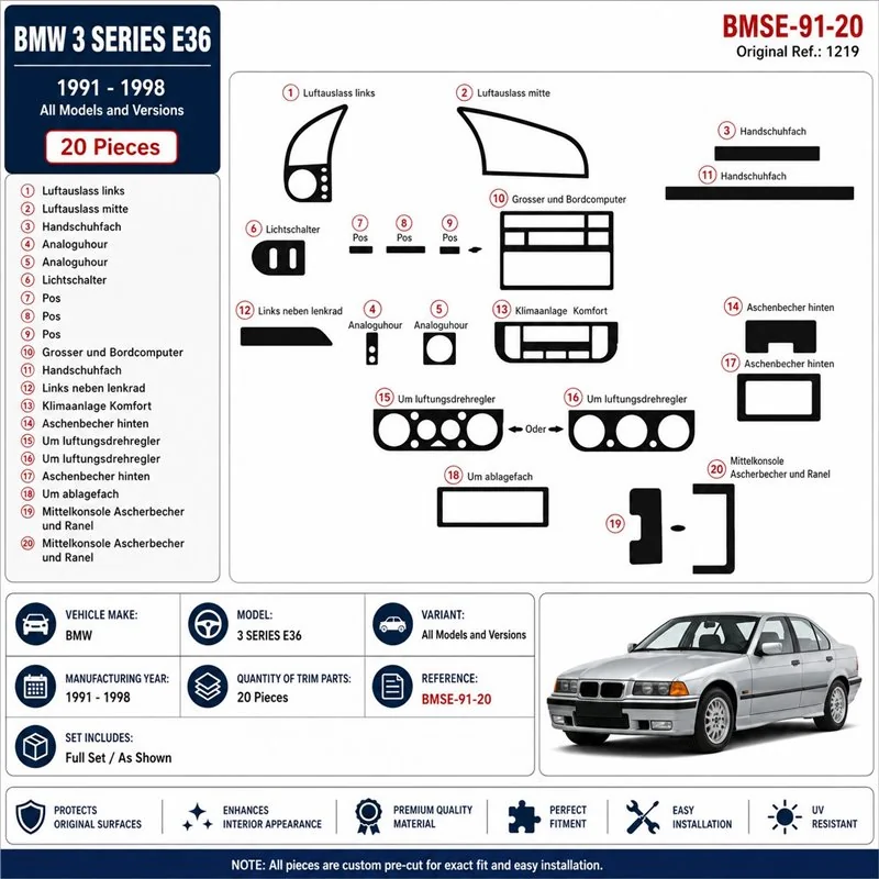 BMW 3 Series E36 1991-1998 3D Armaturenbrett-Dekor-Set, 20 Teile