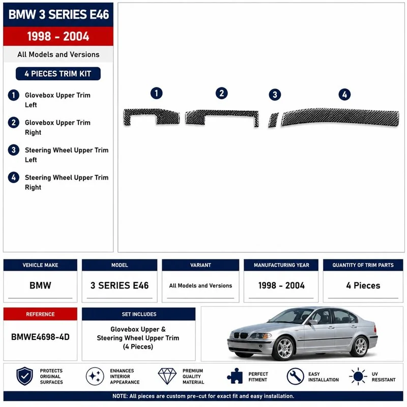 BMW 3 Series E46 1998-2004 3D Armaturenbrett-Dekor-Set, 4 Teile