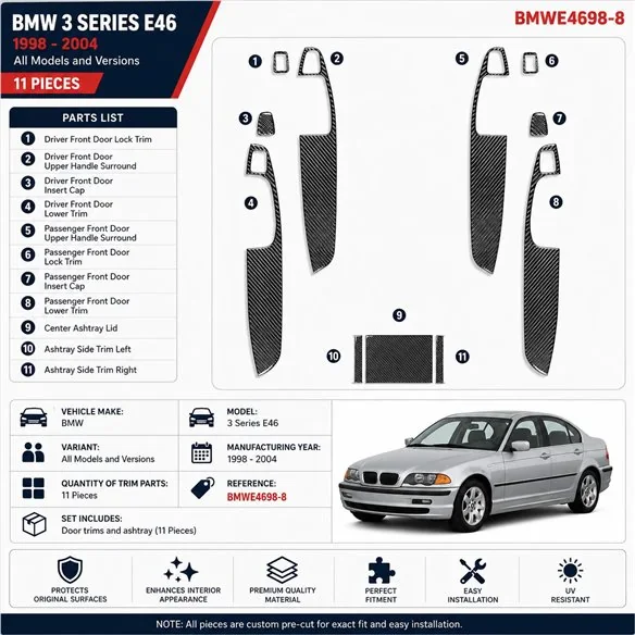 BMW 3 Series E46 1998-2004 3D Armaturenbrett-Dekor-Set, 11 Teile