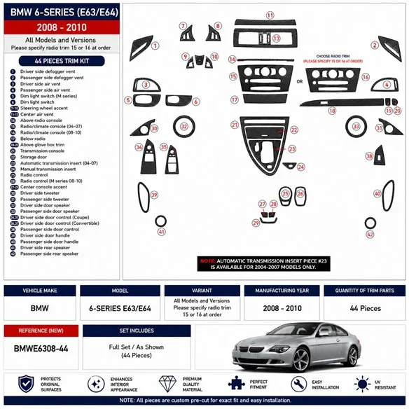 BMW 6-Series E 63 2008-2010 3D Armaturenbrett-Dekor-Set, 41 Teile