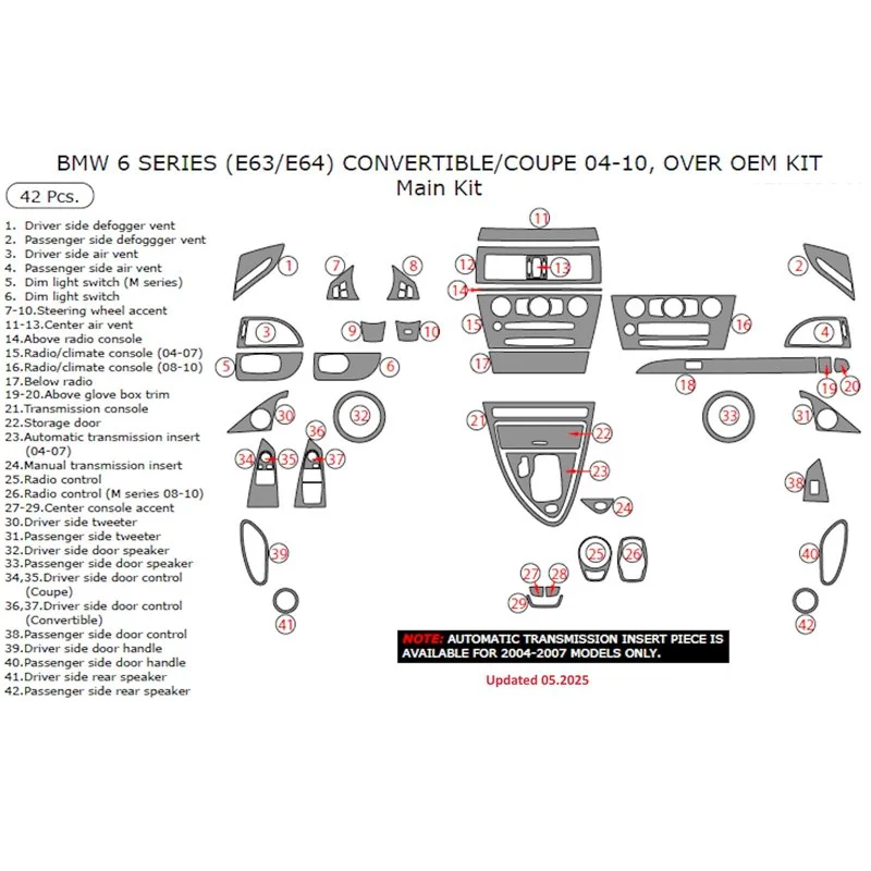BMW 6-Series E 63 2004-2008 3D Armaturenbrett-Dekor-Set, 41 Teile