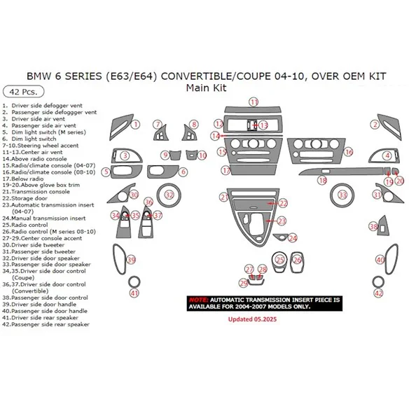 BMW 6-Series E 63 2004-2008 3D Armaturenbrett-Dekor-Set, 41 Teile