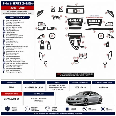 BMW 6-Series E 63 2004-2008 3D Armaturenbrett-Dekor-Set, 41 Teile