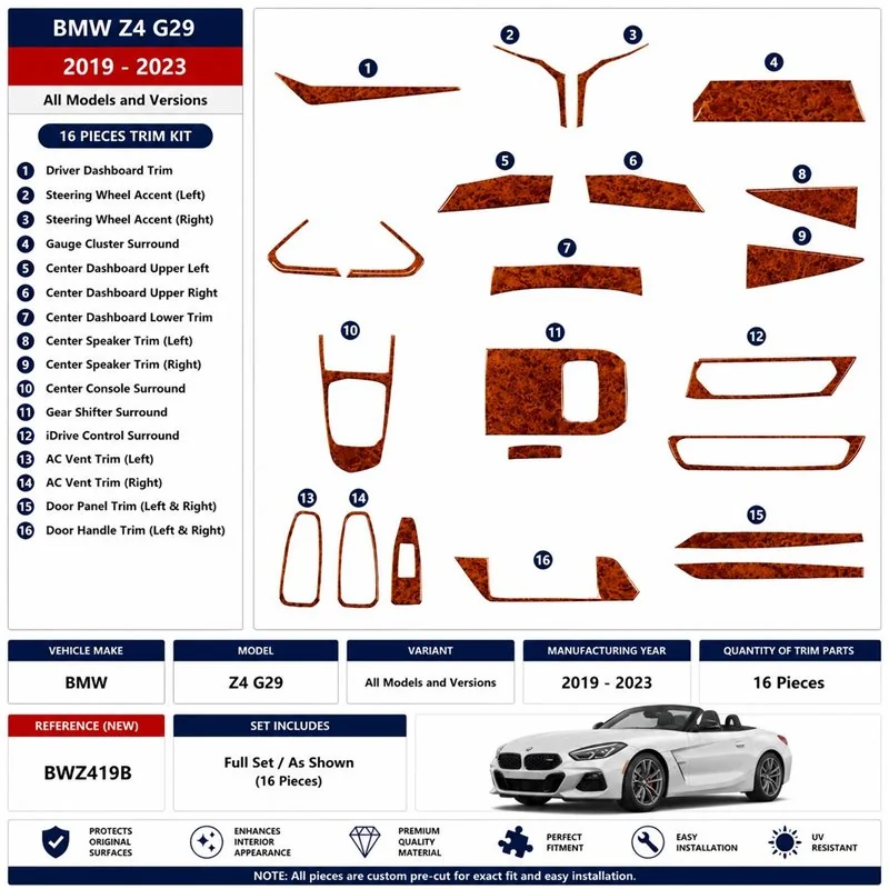 BMW Z4 G29 2019-2023 3D Armaturenbrett-Dekor-Set, 16 Teile