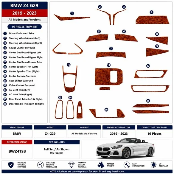 BMW Z4 G29 2019-2023 3D Armaturenbrett-Dekor-Set, 16 Teile