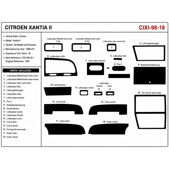 Citroen Xantia II 1998+ 3D Armaturenbrett-Dekor-Set, 18 Teile