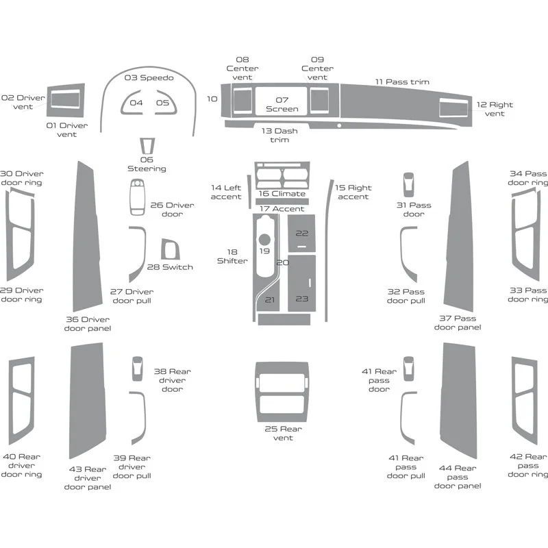 Jaguar XF 2009-2015 Komplettset, With OEM 3D Armaturenbrett-Dekor-Set, 44 Teile