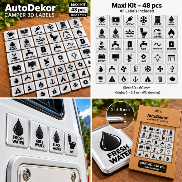 Camper & Caravan 3D Domed Labels – Maxi Kit – 48 pcs – Black & White
