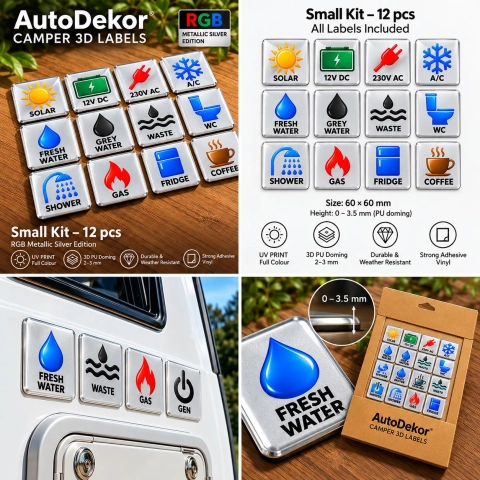 Camper & Caravan 3D Domed Labels – Small Kit – 12 pcs – RGB Metallic Silver 2