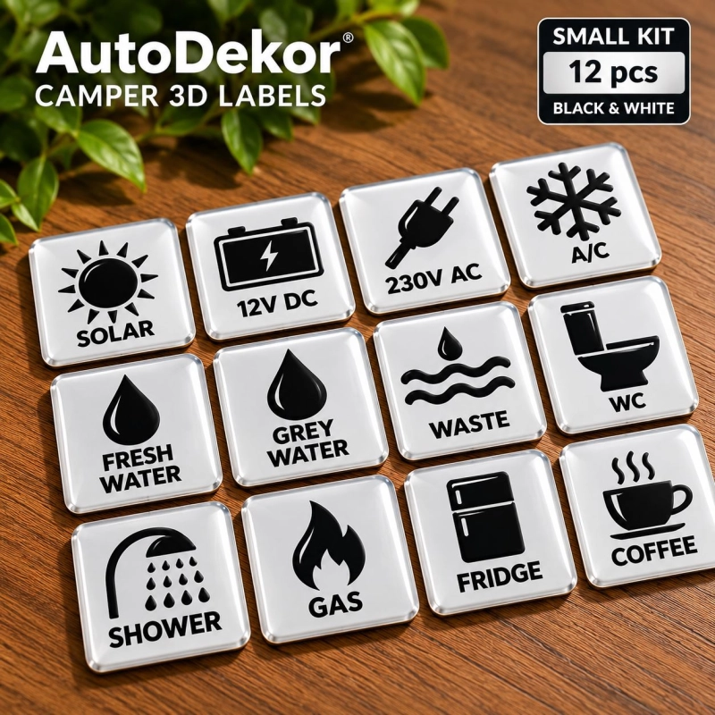 Camper & Caravan 3D Domed Labels – Small Kit – 12 pcs – Black & White