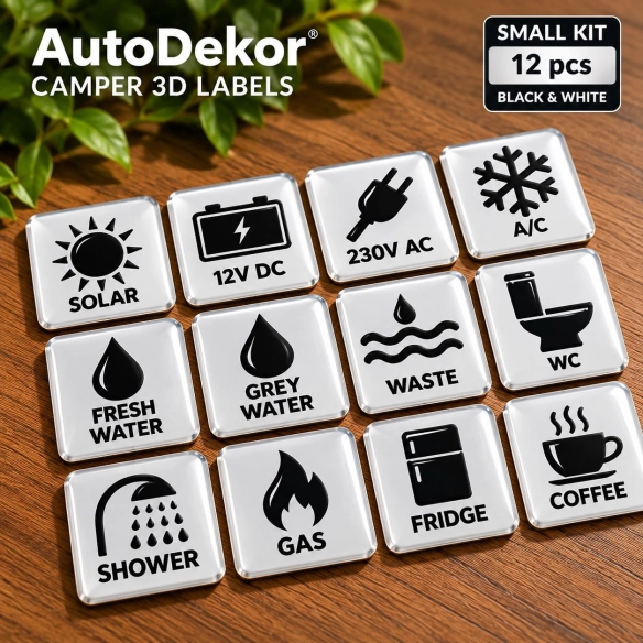 Camper & Caravan 3D Domed Labels – Small Kit – 12 pcs – Black & White